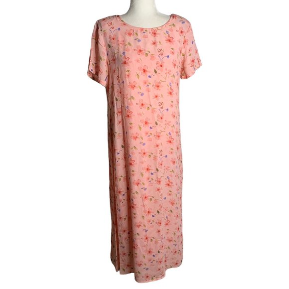 Vintage 90s Cottagecore Maxi Dress M Pink Slip Short Sleeve Round Neck Shift - Picture 1 of 7
